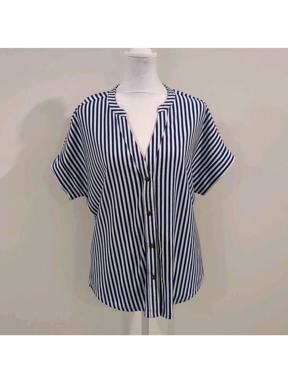 Alex Marie Blue Stripe V Neck Preppy Button Short Sleeve Top Womens L Nautical